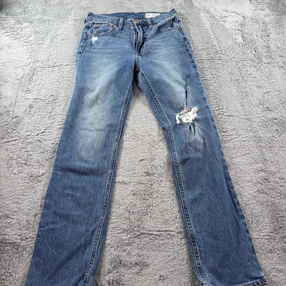 GAP 90s Straight High Rise Distressed Jeans Blue Denim 28/6R Medium Wash
